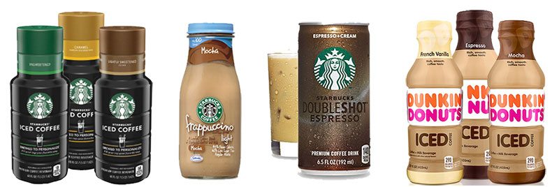 A starbucks coffee drink and a double shot espresso.