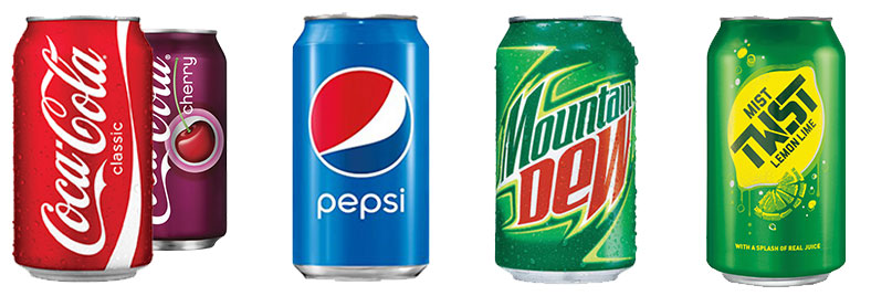 A can of mountain dew and pepsi are next to each other.