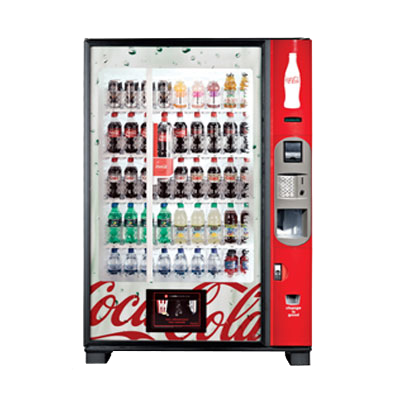 A vending machine with soda and water bottles.