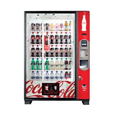 A vending machine with soda and water bottles.