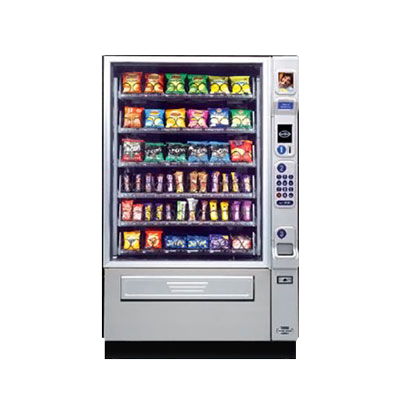 A vending machine with snacks and drinks on the shelves.